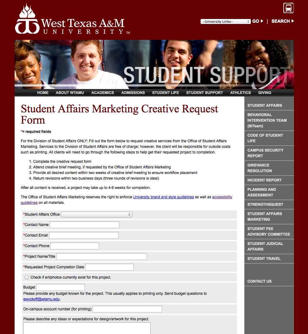 Student Organizations: wtamu.edu/StudentCreativeRequest